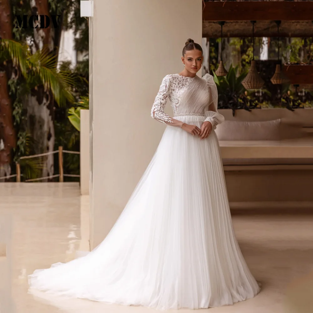

MCDV Pleat Bride Gowns 2025 Puff Sleeve Scoop Neck Button Back Wedding Dresses Lace Appliques Princess Bridal Gown Customized