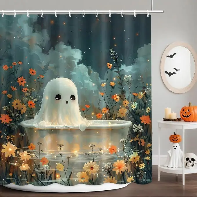 1 Stück Halloween-Duschvorhang mit niedlichem Geister-Print, schnelltrocknender, strapazierfähiger, wasserdichter Badvorhang mit 12 Haken, Halloween-Deko für das Bad