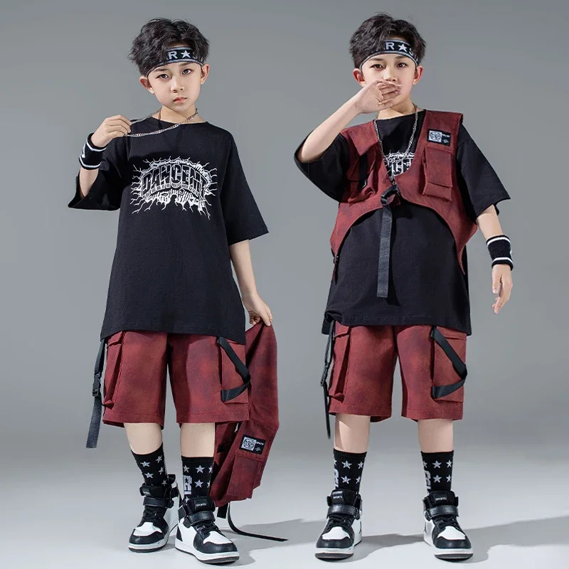 

Street Dance Costume Boys Hip Hop Set Loose Top Black Cool Drum Performance Outfit Trendy Suit Kids Jazz Dance Clothing