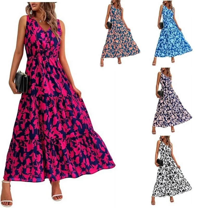 Women's Dress V Neck Elastic Waist Printed Casual Sleeveless Dress Elegant Dresses For Womenfashion Summer Dresses 2024