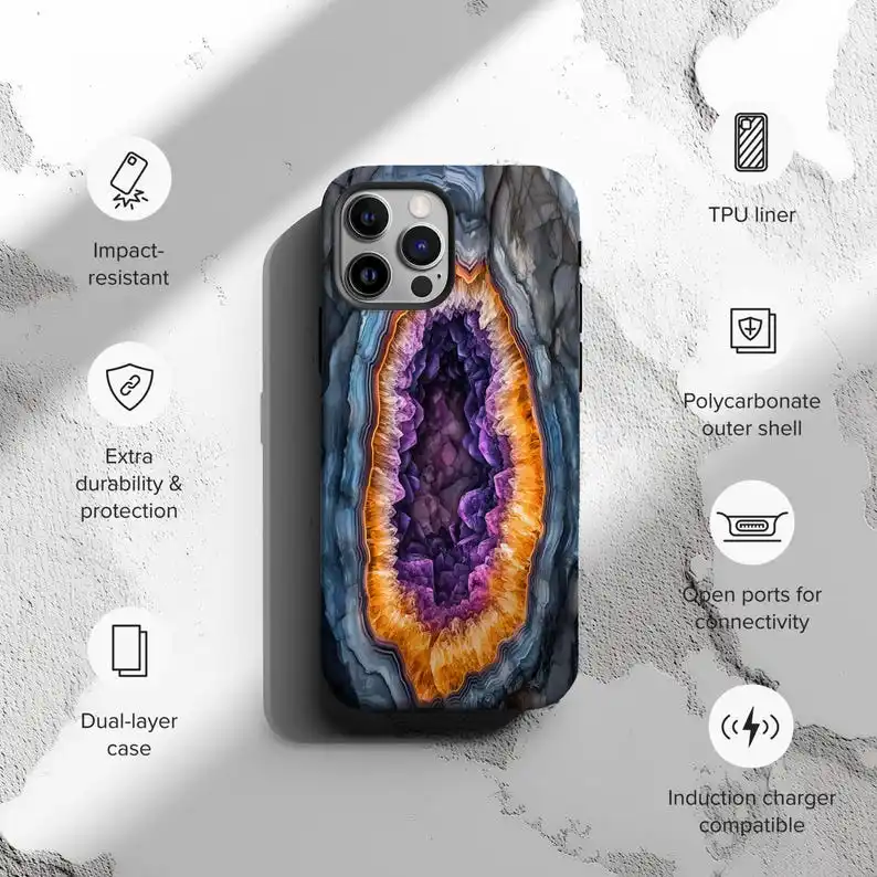 Vibrant Amethyst Agate Geode Crystal Phone Case For IPHONE 16 15PRO MAX 14 13 12 11 Acrylic TPU Two in one magnetic Phone Cases