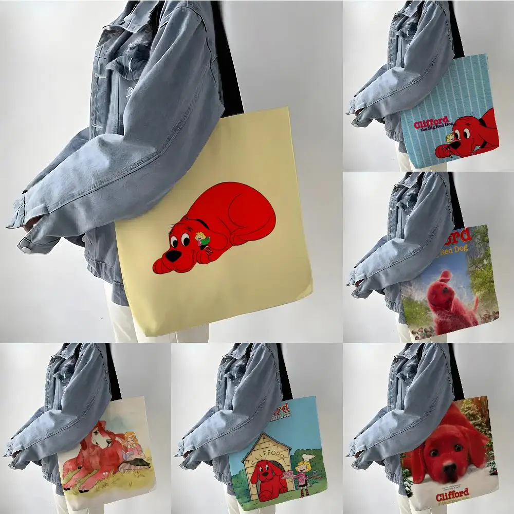 Storage Bags Linen Shopper Reusable Tote Grocery Storage Bag Portable Large Capacity Comic Cartoon C-Clifford the Big Red Dog 3