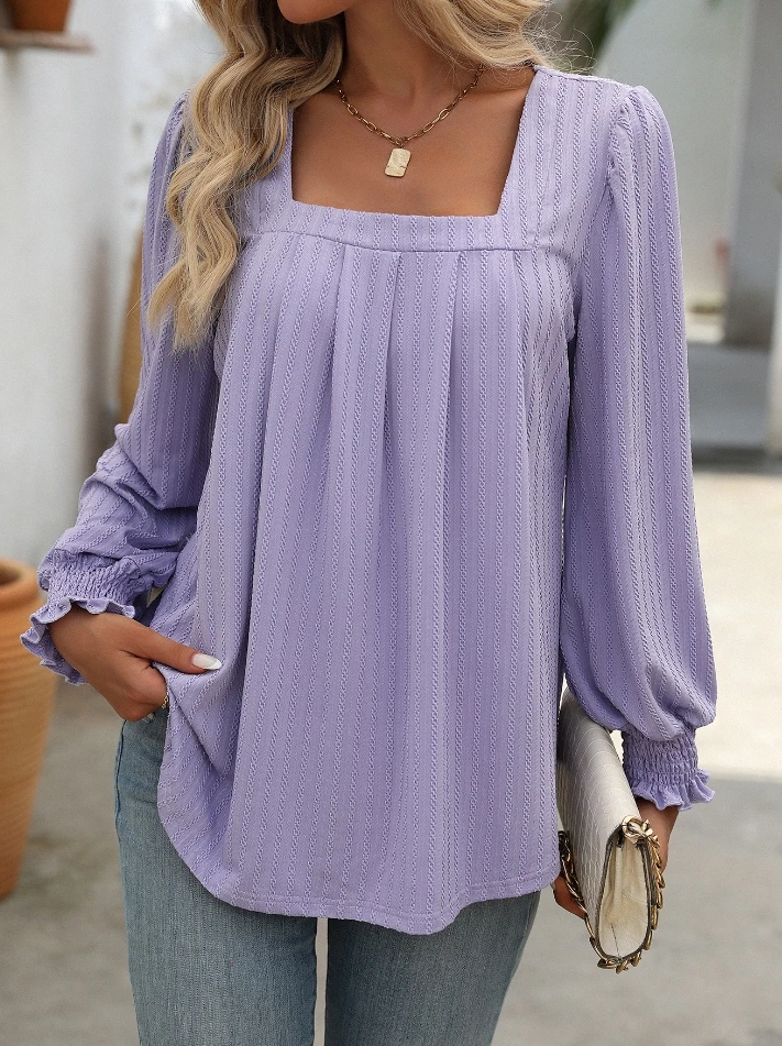 

Women's Blouse Tops Casual Solid Color Square Collar Pleats Design Shirring Fringe Bubble Long Sleeve Loose Fit T-shirt