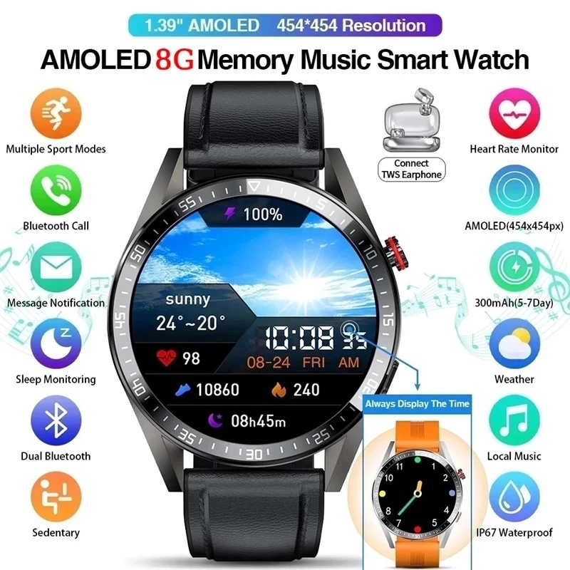 Top! 2022 New 8G Memory Smart Watch AMOLED 454*454 HD Always Display The Time Bluetooth Call Smartwatch For Men Huawei TWS