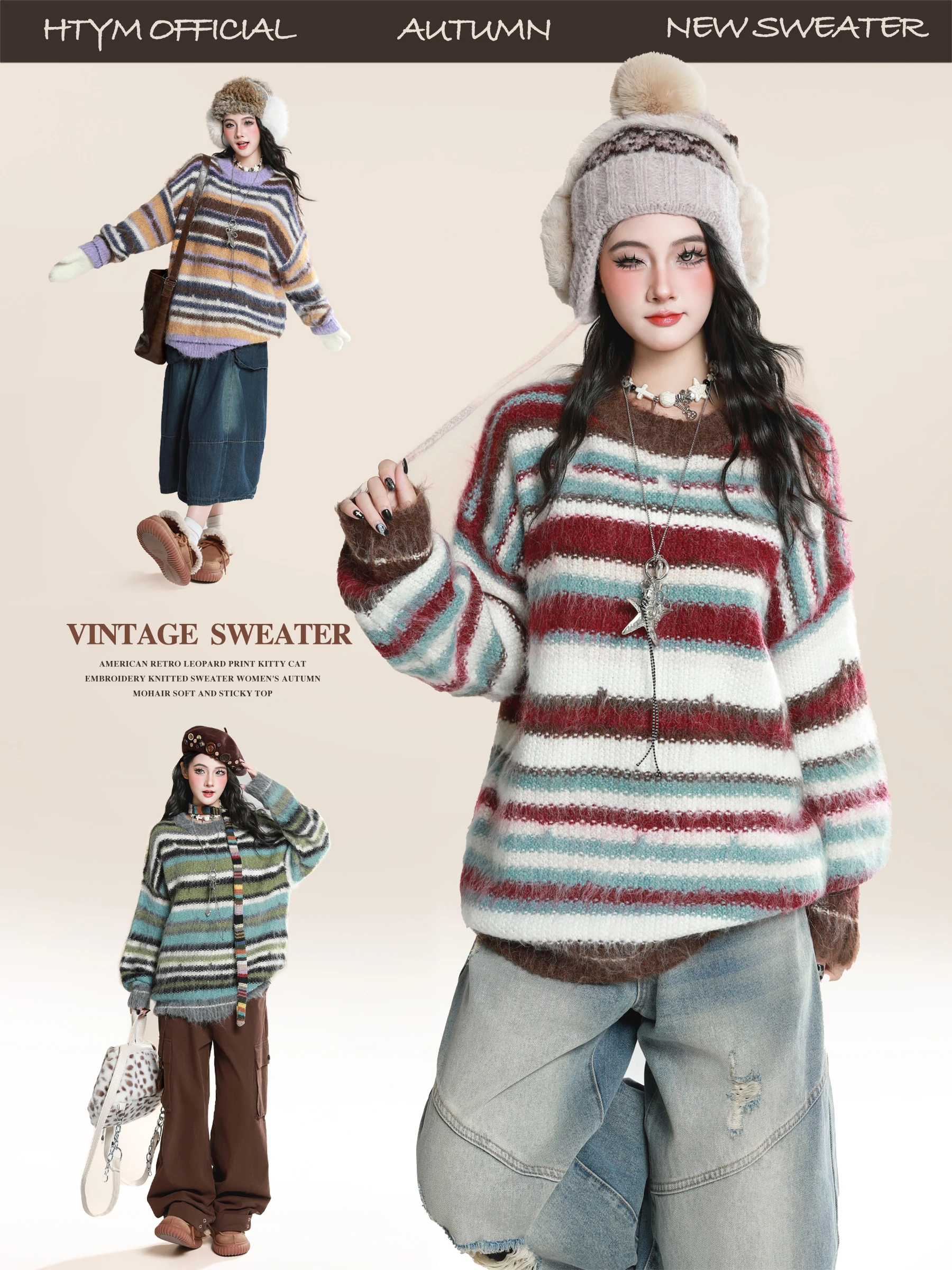 

American Retro Color Blo Striped Loose Knitted Sweater Women's Autumn Winter eepskin Coat Sle Comfortable Lazy Faion Top
