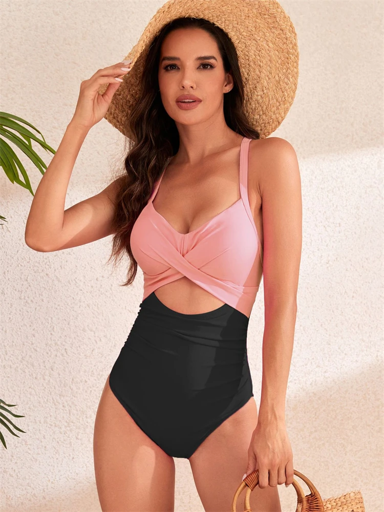 One Piece Swimsuit Women 2024 New Solid Print Sling V Neck Bodysuit Monokini Swimwear Summer Backless Beach Bathing Suit Female