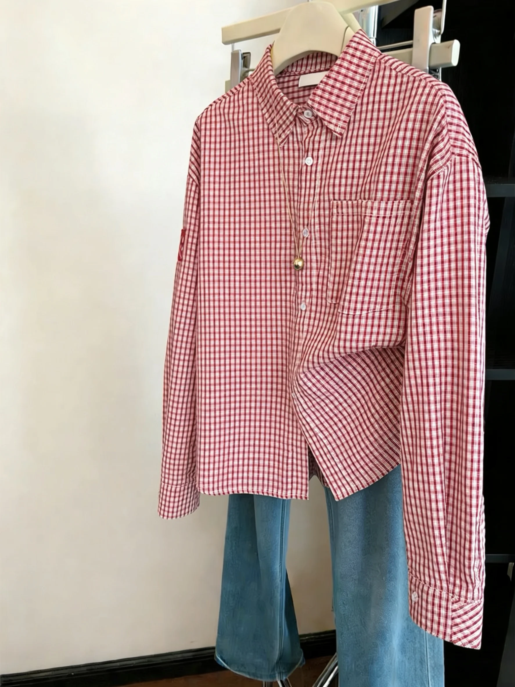 

Модная винтажная женская блузка в красную клетку с длинным рукавом, свободного кроя, для весны и осени, в стиле High Fashion