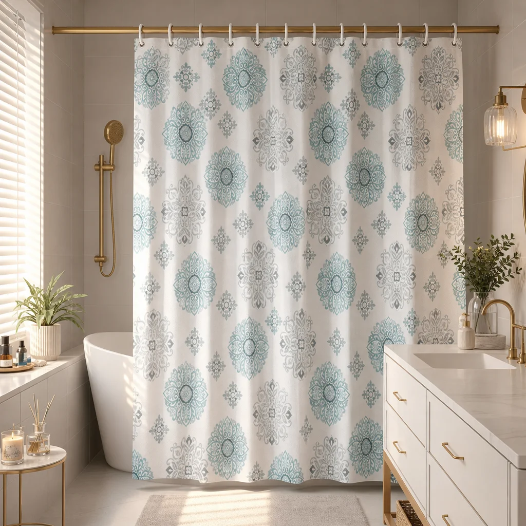 

Blue Mandala Shower Curtain Boho Damask Floral Pattern Waterproof Fabric Modern Bathroom Decor Curtains with 12Hooks 180x180cm