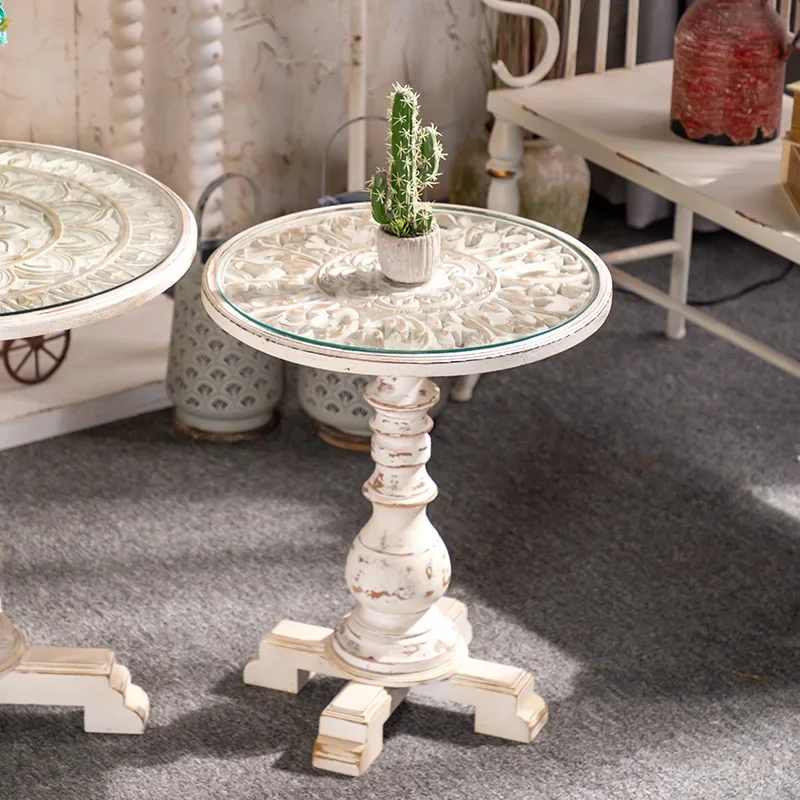 Roman column solid wood sofa edge small round table living room balcony casual round small coffee retro image 2