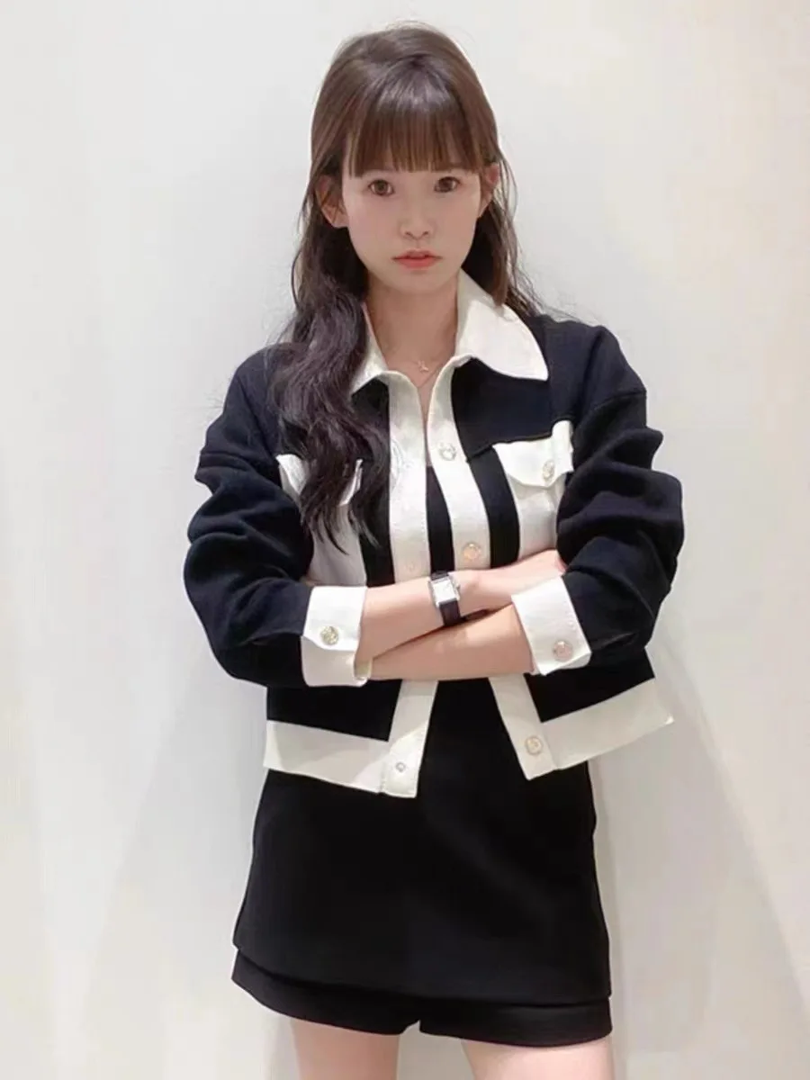 Cardigan Black and white contrasting with metal buckle pockets, knitted for women, M home, 24 autumn and winter new collection