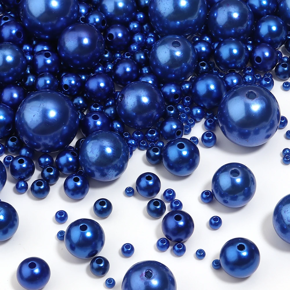 50–1000 Stück mit Loch, tiefblaue ABS-Imitationsperlen, 3/4/5/6/8/10/12 mm, runde lose Perlen für die Schmuckherstellung, DIY-Armbänder