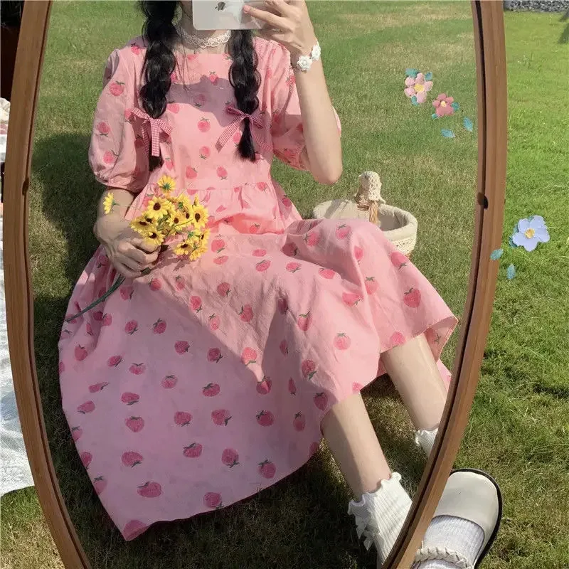 Hstar Kawaii Strawberry Dress Summer Pink Sweet Cute Puff Sleeve Maxi Dresses For Women Lovely Girl Vintage Holiday Sundres NM33 view 2