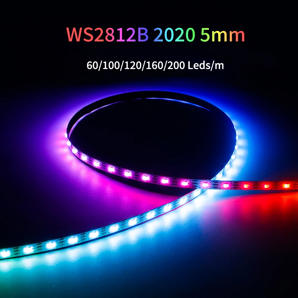 Bande Lumineuse IC Ultra-Étroite de 5mm, WS2812B RGBIC 2020SMD, WS2812, 60/100/120/160/200LED/m, Adressable