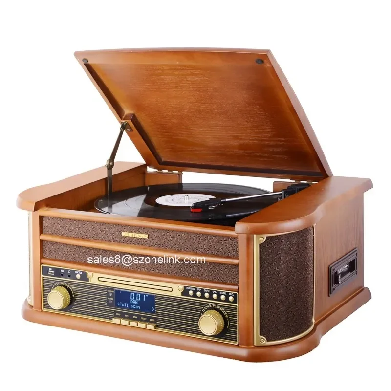 Latest 2024 model  Wooden nostalgic stereo record player vinyl turntables  with recording Tocadiscos