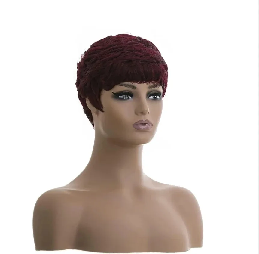 LUXURIOUS Burgundy 99J Colored Short Bob Remy Human Hair Wig With Bangs Glueless Pixie Cut Full Machine Made Wigs