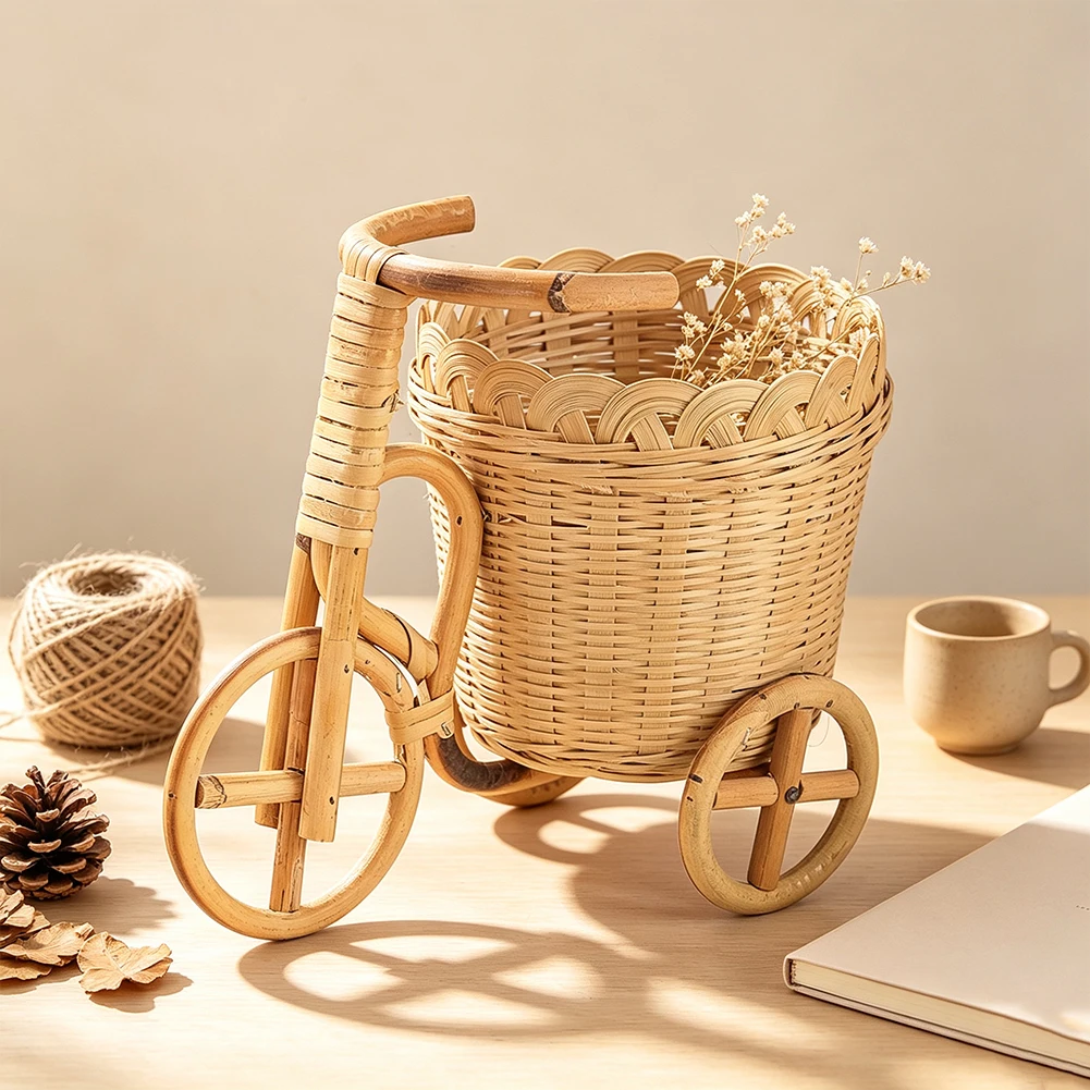 Handgewebter Rattan-Fahrrad-Aufbewahrungskorb, Mini-Dreirad-Organizer, Tischdekoration, Blumentopf, Geschenk für Zuhause – Detail 4