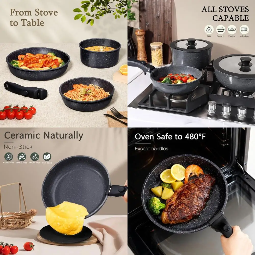 

15-Piece Grey Non-Stick Detachable Handle Cookware Set, Healthy PFAS/PFOA/PTFE-Free, Dishwasher & Oven Safe, Induction Compatibl