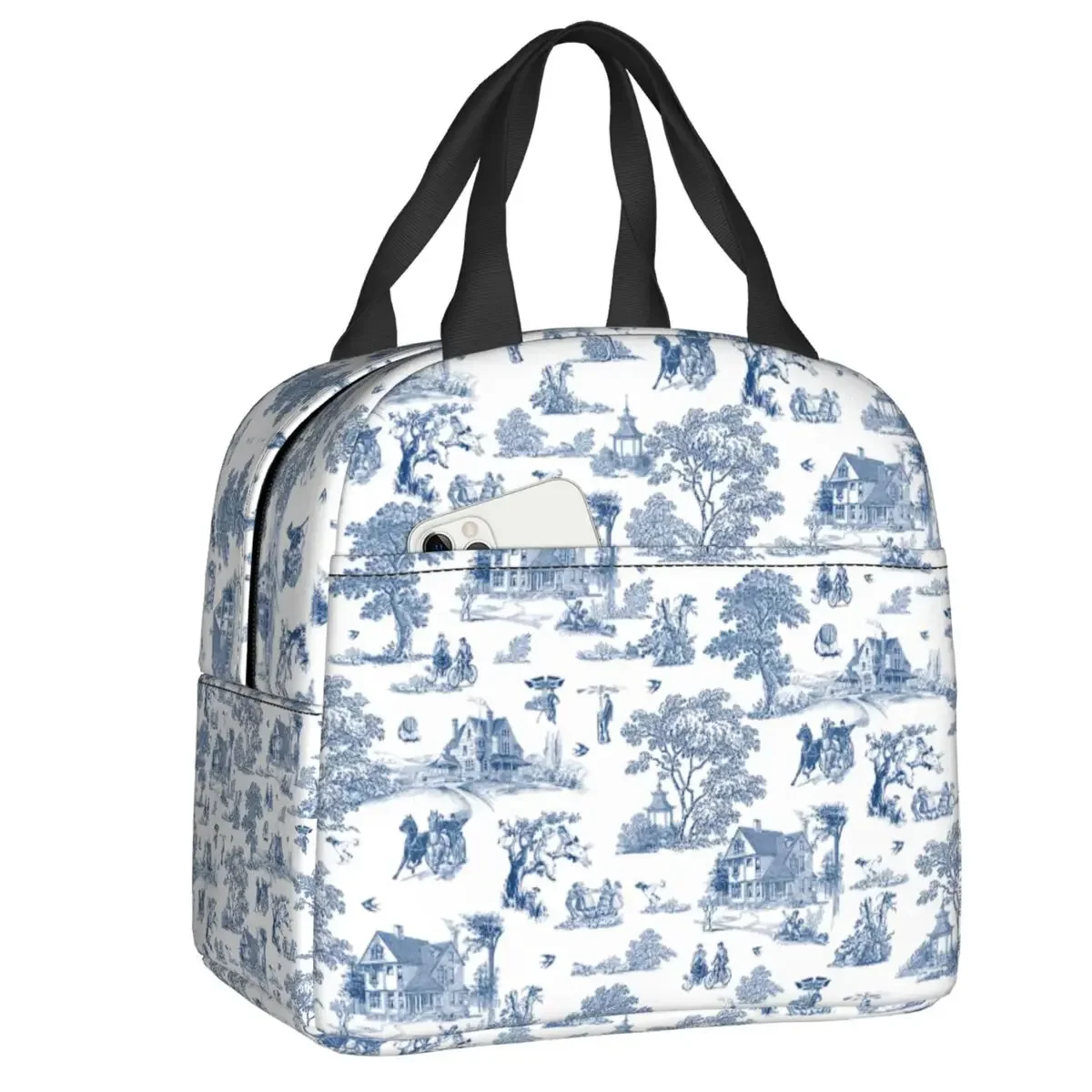 Navy Blue French Toile De Jouy Motif Pattern Insulated Lunch Bag Traditional France Art Cooler Thermal Lunch Box Office Work