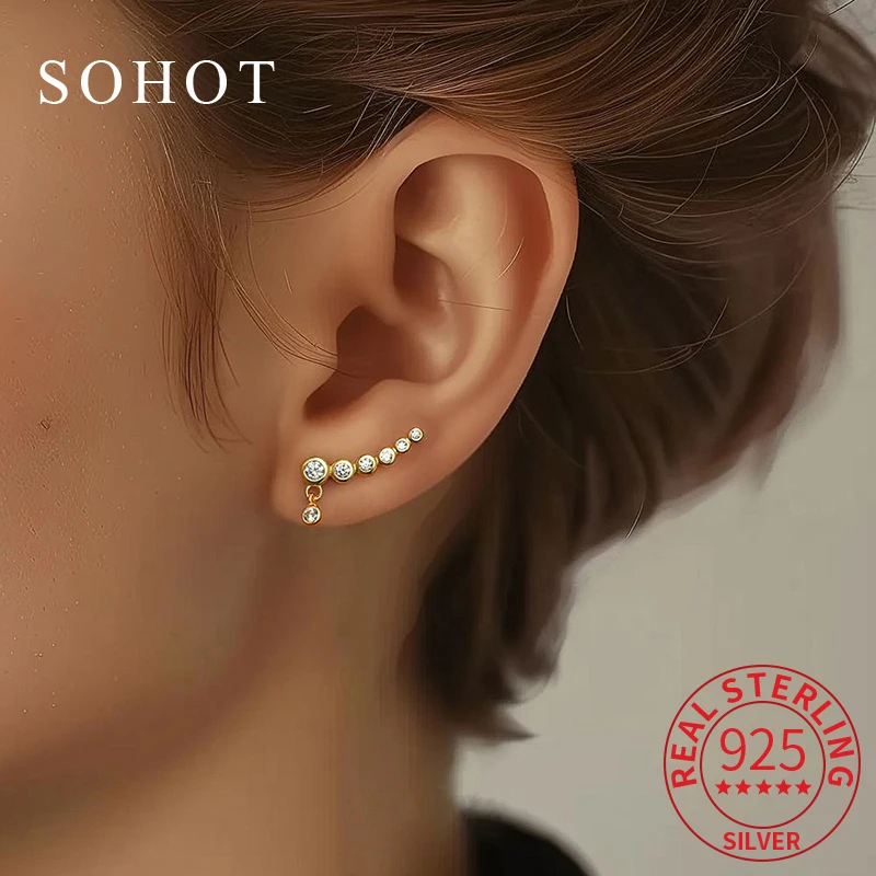 

Real 925 Sterling Silver Round Sparkling Zircon Mini Stud Earrings For Women Minimalist Fine Jewelry Personality Accessories