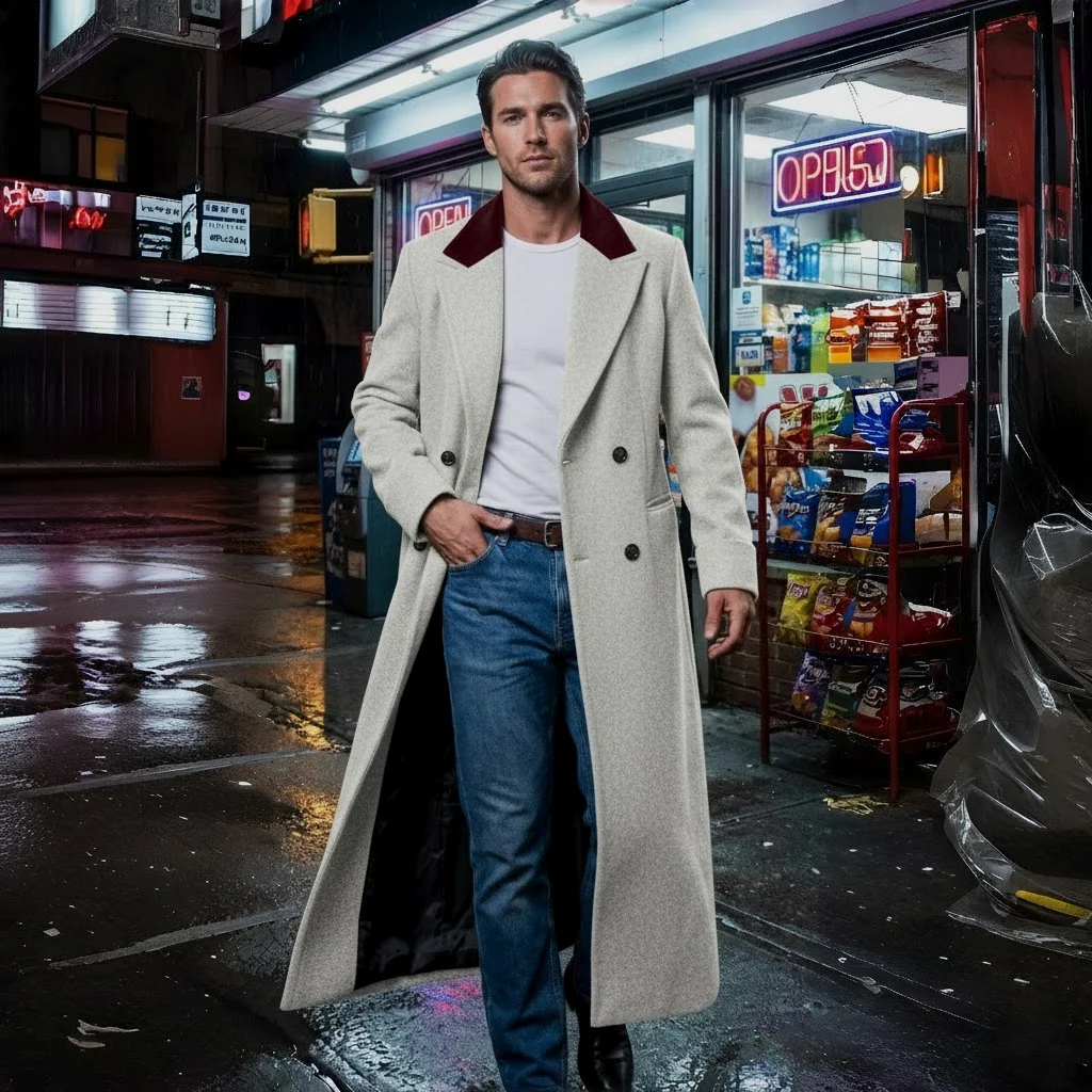 

Мужское двубортное шерстяное пальто на утолщенной теплой подкладке, тренч для зимних поездок на работу