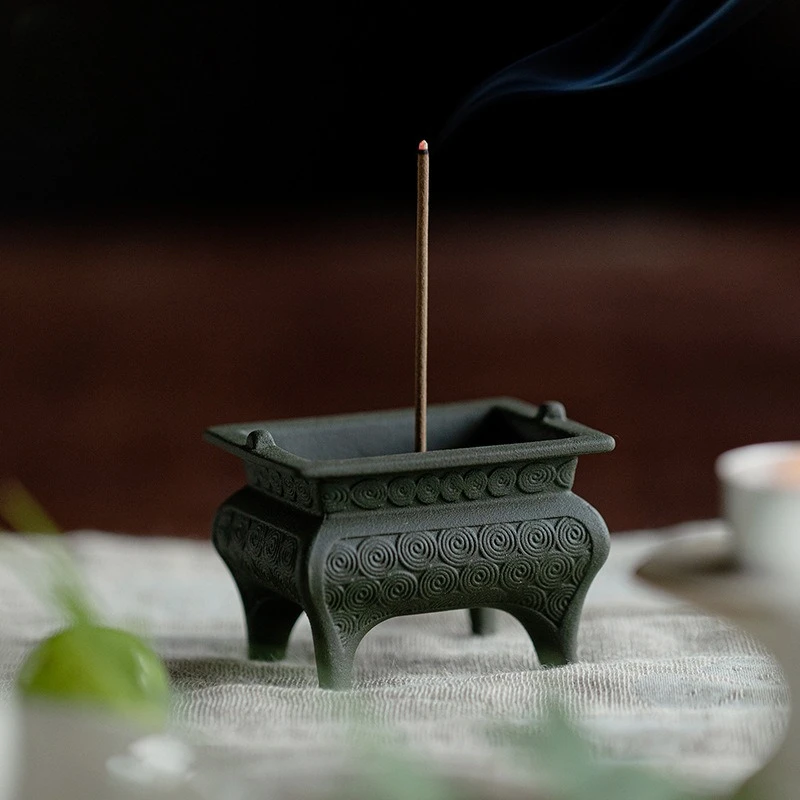 Mini Ceramic Incense Burner Green Pine Frost Four-legged Small Vase Household Incense Artisanal Smoker Incense Holder Decoration