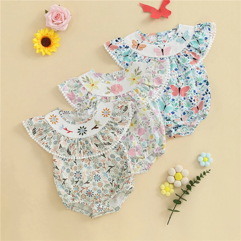 

Baby Clothing Summer New Fashion Infant Toddler Girls Clothes Casual Floral Print Embroidery Fly Sleeves Romper Jumpsuits