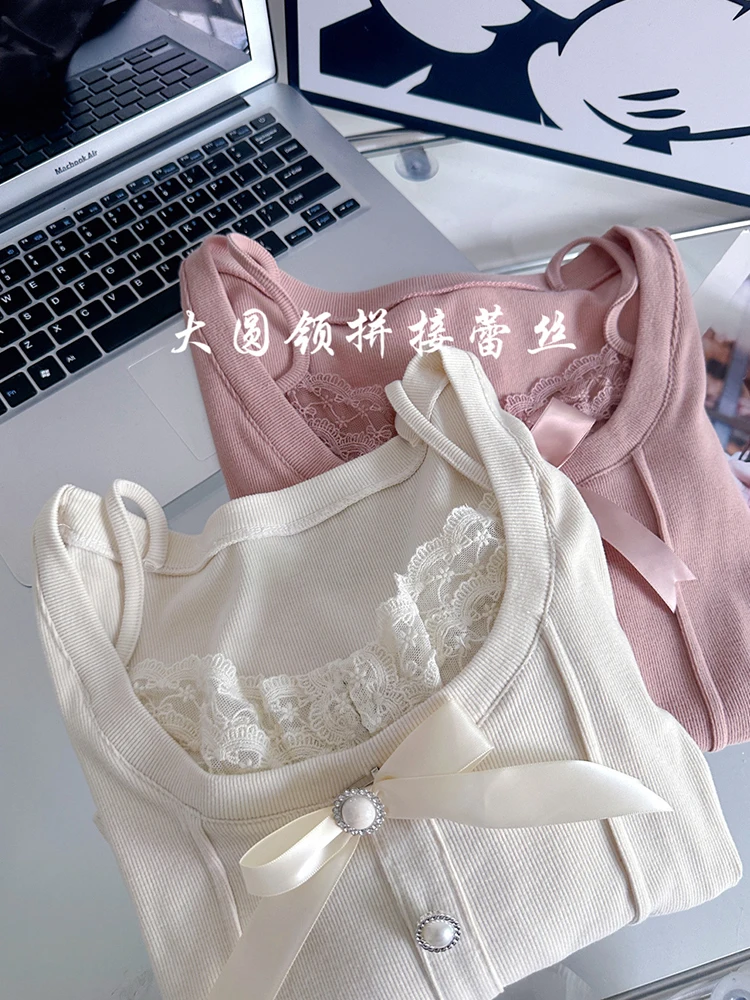 Women Vintage Mori Girl Fake Two Pieces T-Shirts Lace Patchwork Tees Ballet Core Bow Crop Tops 2000s Aesthetic Tide Solid Color