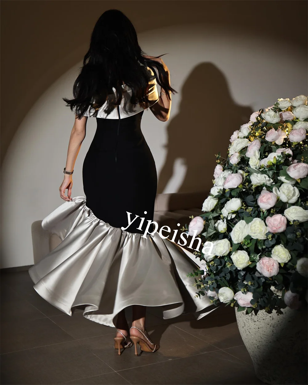 Jiayigong     Satin Ruched Rhinestone Engagement Mermaid O-Neck Bespoke Occasion Gown Midi Es