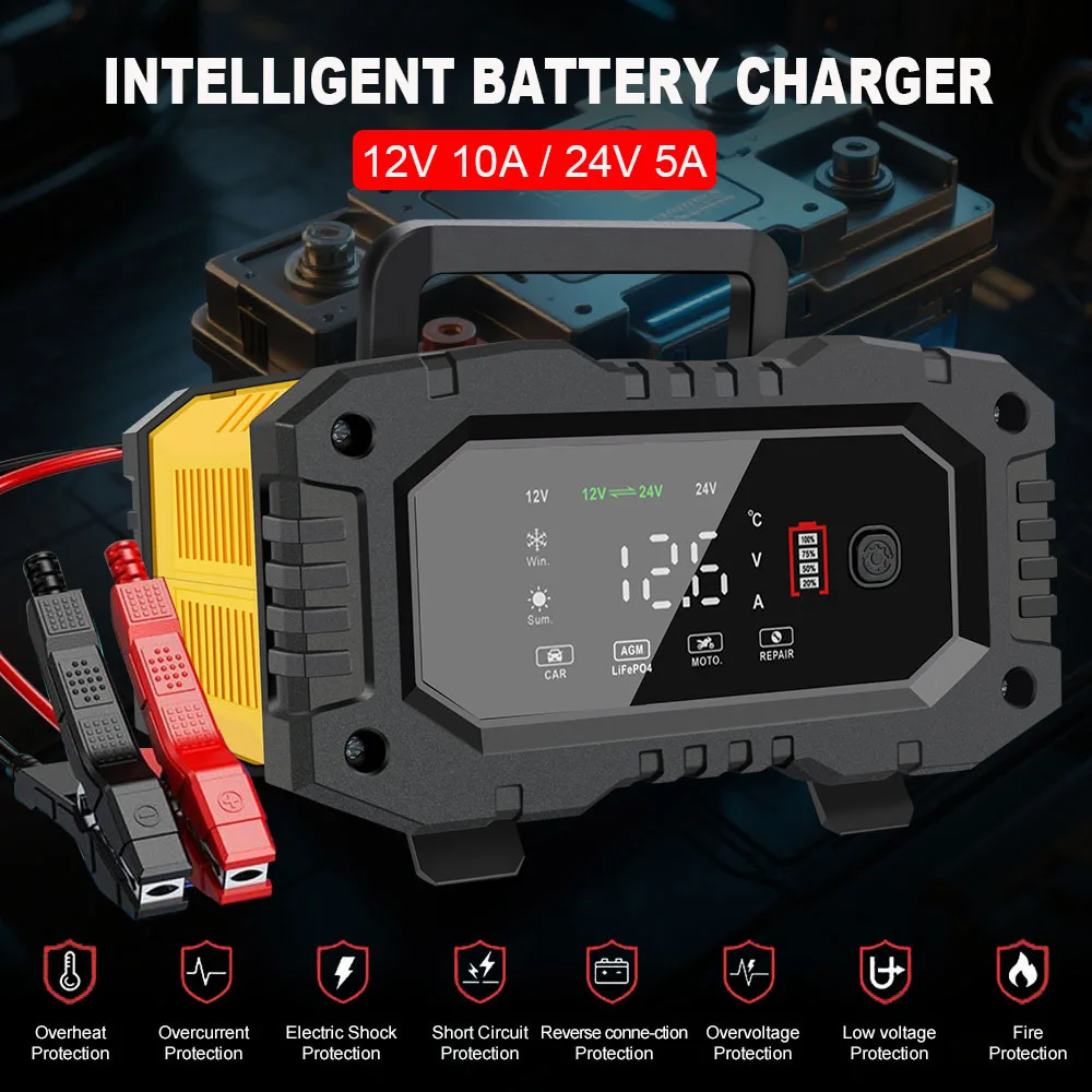 

150W Motorcycle Battery Chargers 12V 10A / 24V 5A Fast Charging Storage Cell Pulse Repair Motorcycle Car Battery Charger Digital