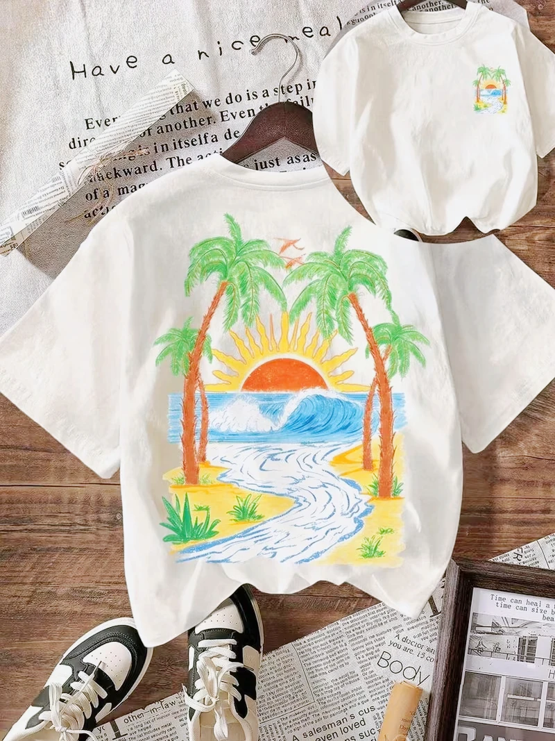 Chasing Sunset Watercolor Sunrise Print T-Shirt Casual Loose Crew Neck Short Sleeve, Boho Summer Beach Print Daily Top