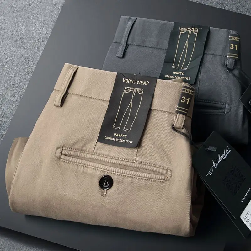 

Повседневные брюки цвета хаки, мужские эластичные брюки на резинке, весенние, тонкие, прямые, летние, длинные, модные, городские, из смесового хлопка