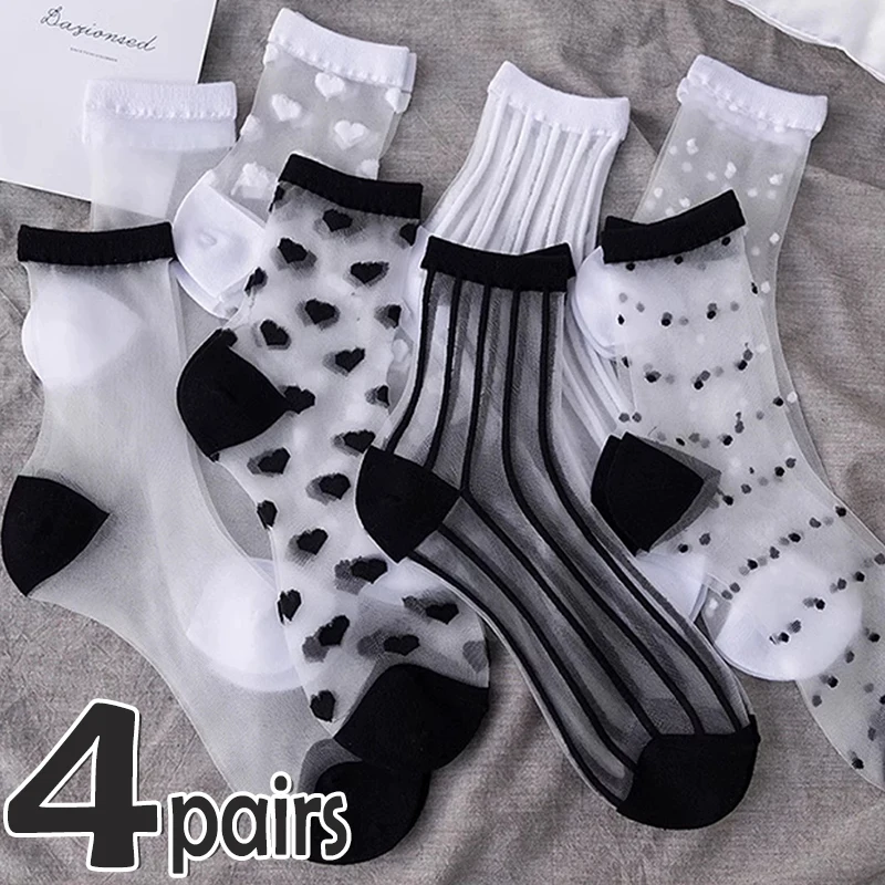 

Women Girls Summer Thin Socks Glasses French Lace Socks Ruffled Love Glass Fibe Heart Pattern Transparent Sheer Mesh Sweet Socks