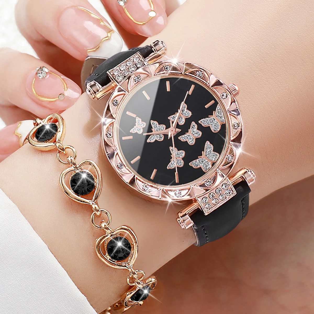 6PCS/Set Fashion Butterfly Dial Women\'s Quartz Watch Casual Leather Band Wristwatches Rhinestone Jewelry Set（Without Box）