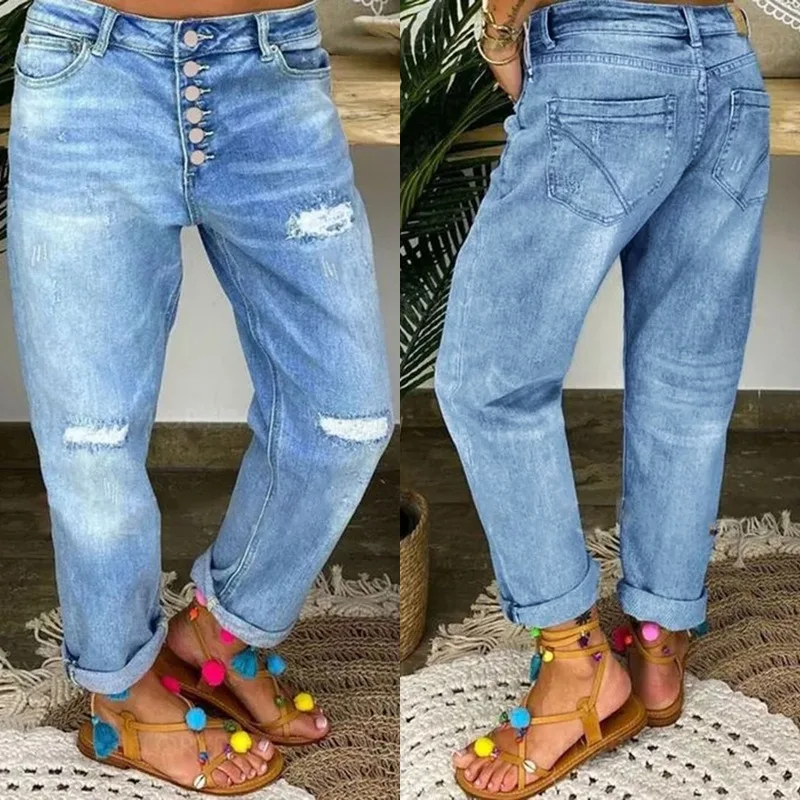 

2026 New Style Torn Ripped Loose Straight Leg Casual Long Pants Women High Waist Slimming Versatile Denim Long Pants Trendy Cool