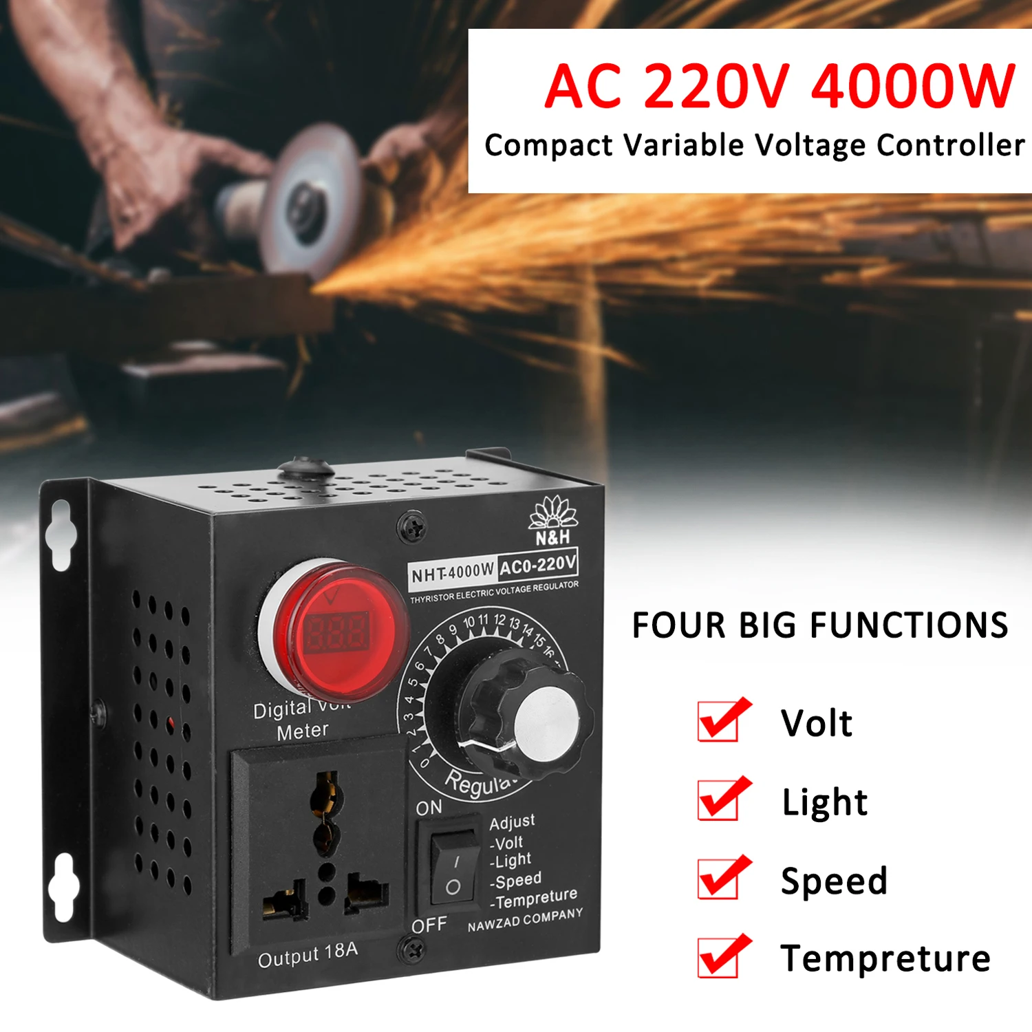 AC220V 4000W Stepless Voltage Regulator Portable Variable Monophase Voltage Controller Temperature Speed Light Adjuster