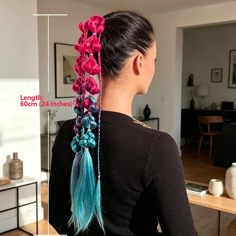 Women Gradient Color Bubble Braids Ponytail Synthetic Hair Extensions, Heat Resistant Hairpiece For DIY Hairstyle Party Costume