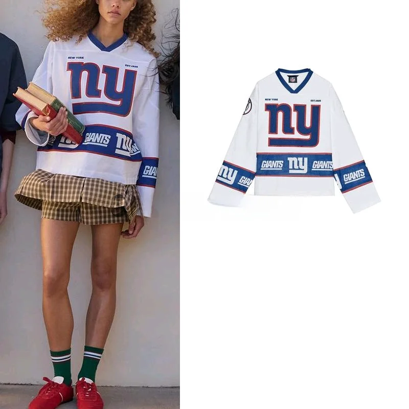 

Spring New Women's Loose Long Sve V-Ne T-irt Decorative New York Giants T Design Commute Sle Polyester Fiber