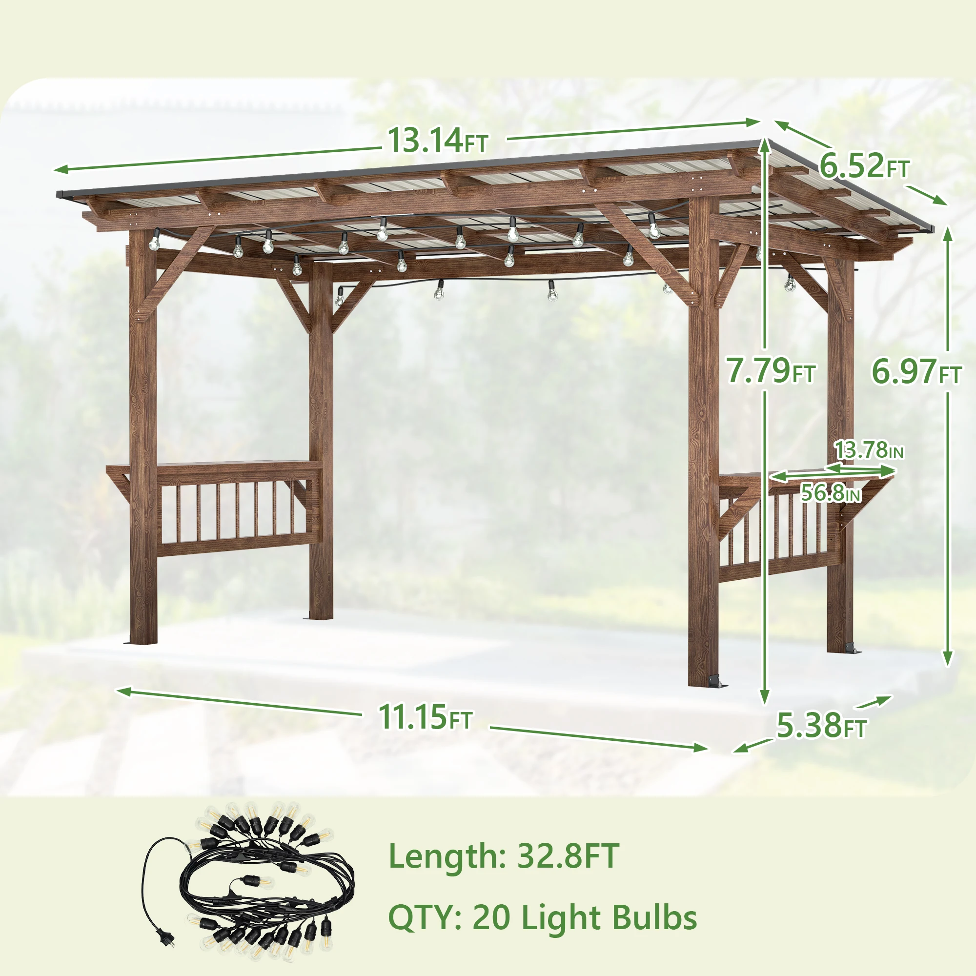 13x6.5 ft Heavy Duty Wooden Pergola Grill Gazebo Metal Roof Solid Wood Frame Bulbs Bar Counters Spacious Outdoor Patio Backyard Shade