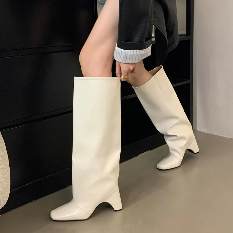 Eilyken Zimowe Botki Damskie do Kolan na Kwadratowym Obcasie w Stylu Streetwear, Modne, Długie, Nowoczesne Botki, Designerskie Buty, Zapatos De Mujer