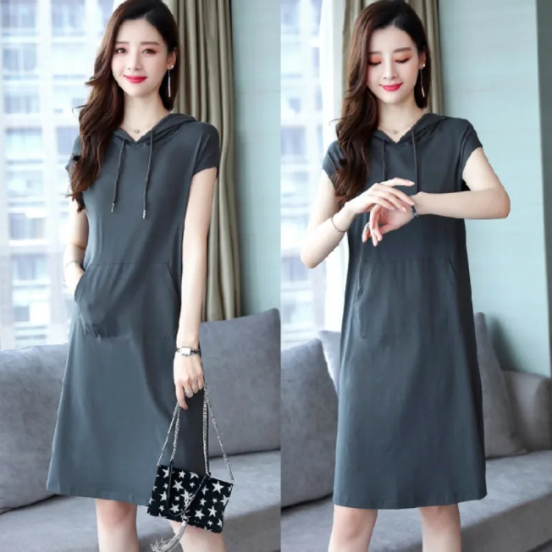 Neues Damen-Sommer-Hoodie-Kleid, lockeres Kurzarmkleid für Mädchen, lässiges mittellanges Kleid in Übergröße für Damen, sportliches Slim-Fit-Kleid für Damen