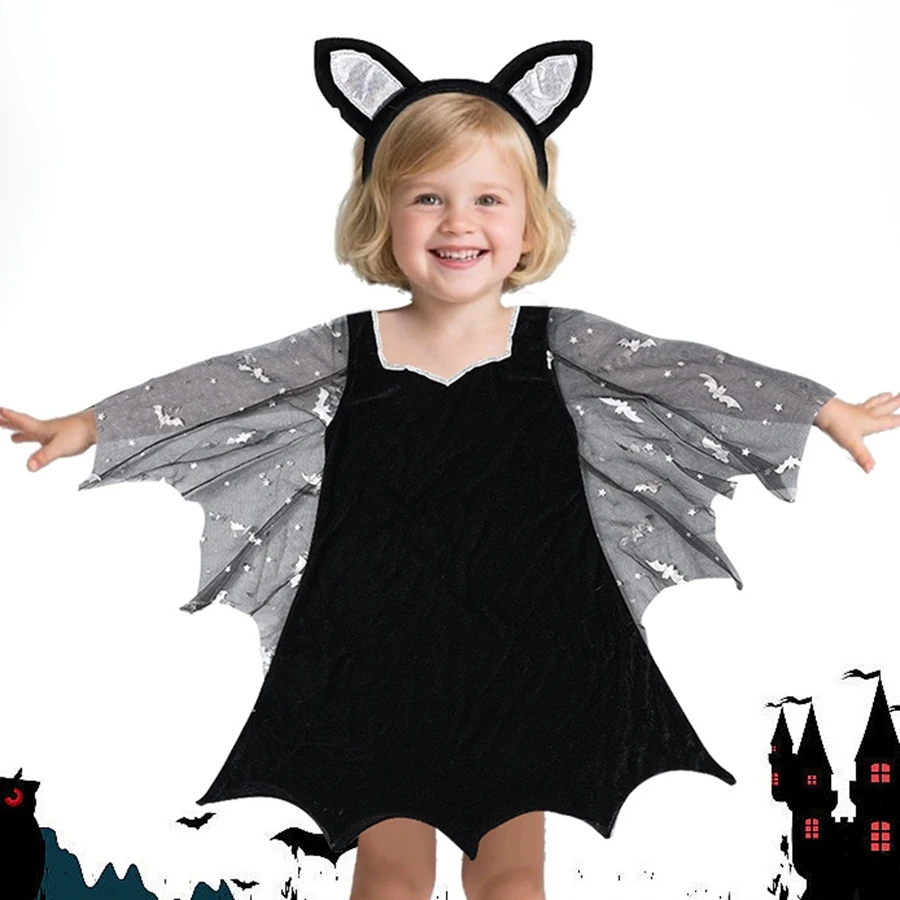 

Черный костюм летучей мыши на Хэллоуин для детей, платье с крыльями летучей мыши и повязкой на голову с ушками, детский праздничный наряд