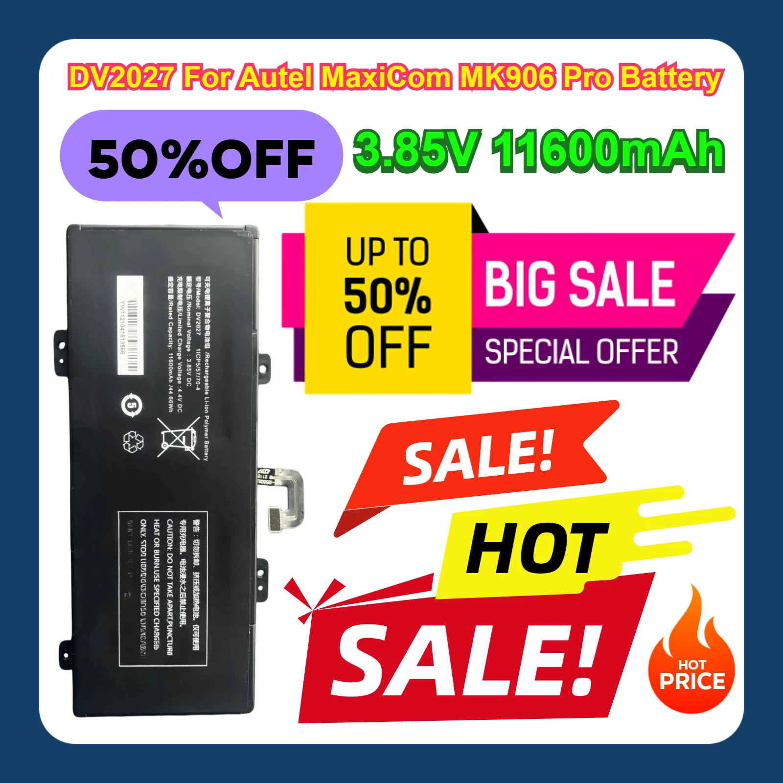 3.85V 11600mAh DV2027 For Autel MaxiCom MK906 Pro Battery