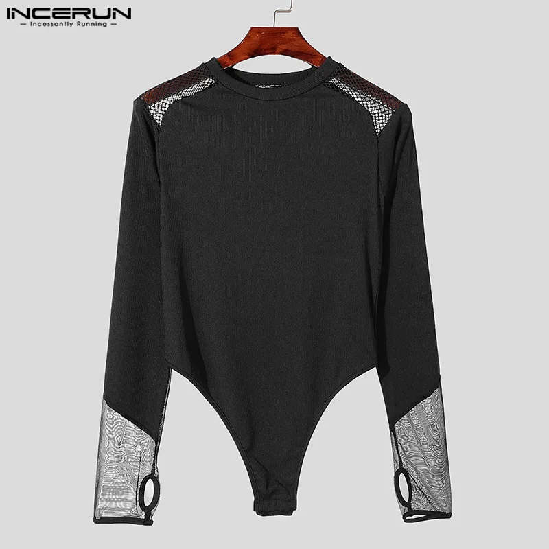 INCERUN 2024 American Style Stylish Loungewear New Men\'s Thin Mesh Splicing Jumpsuit Sexy O-neck Long Sleeved Triangle Bodysuits