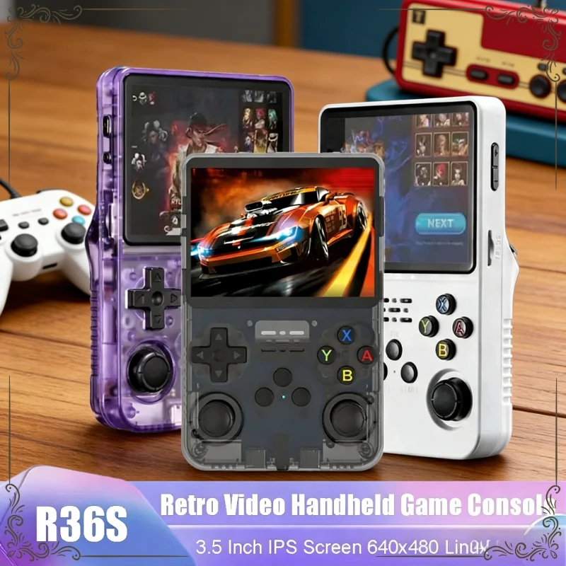 Consola de Juegos Retro Portátil R36S con Linux, Pantalla IPS HD de 3.5 Pulgadas, 64 GB de Almacenamiento Integrado, Más de 20000 Juegos, Reproductor de Videojuegos 4K