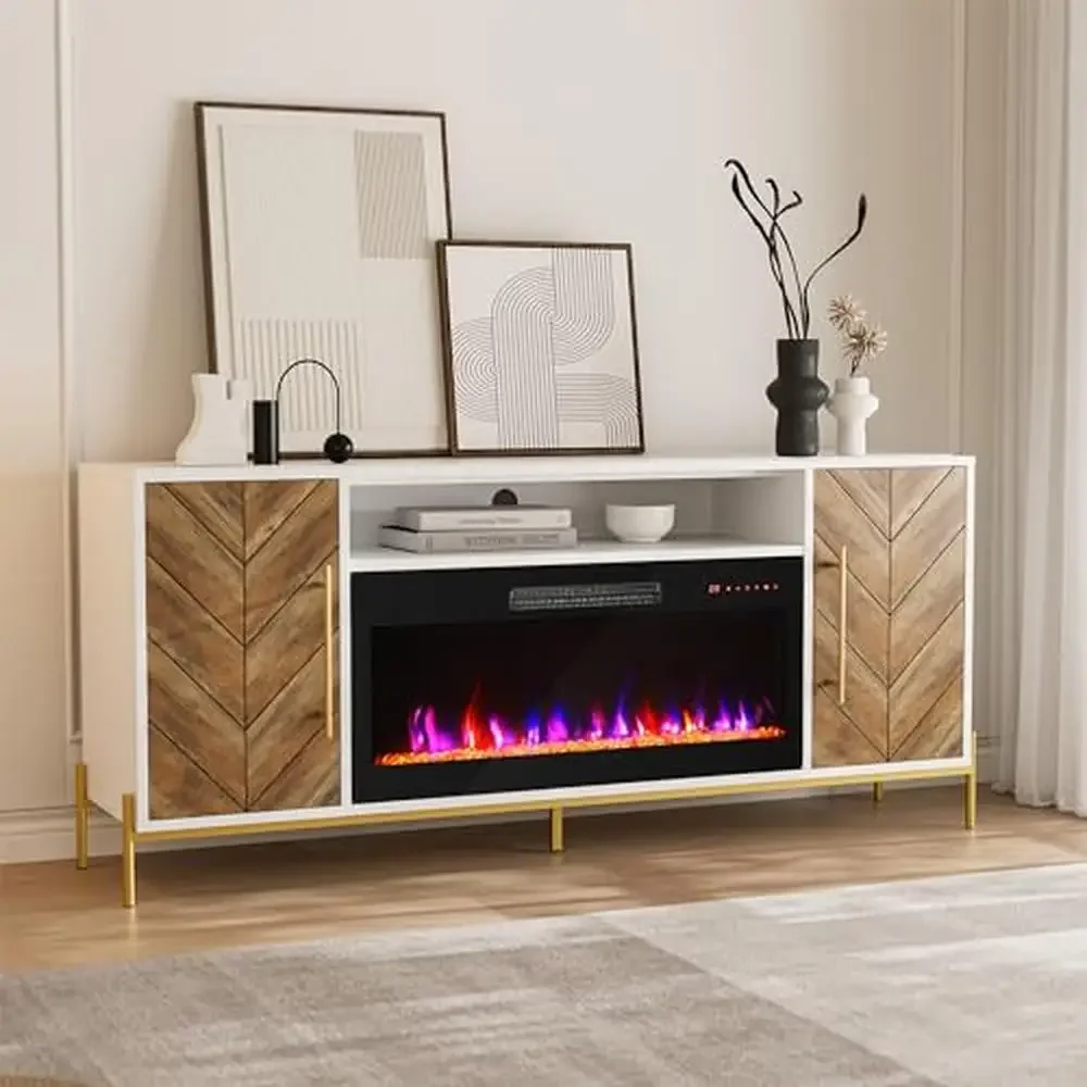 Wood TV Stand Electric Fireplace Storage Cabinet Console Table TVs up to 75 Inches Eco-Friendly Modern Design 16-Color Flame