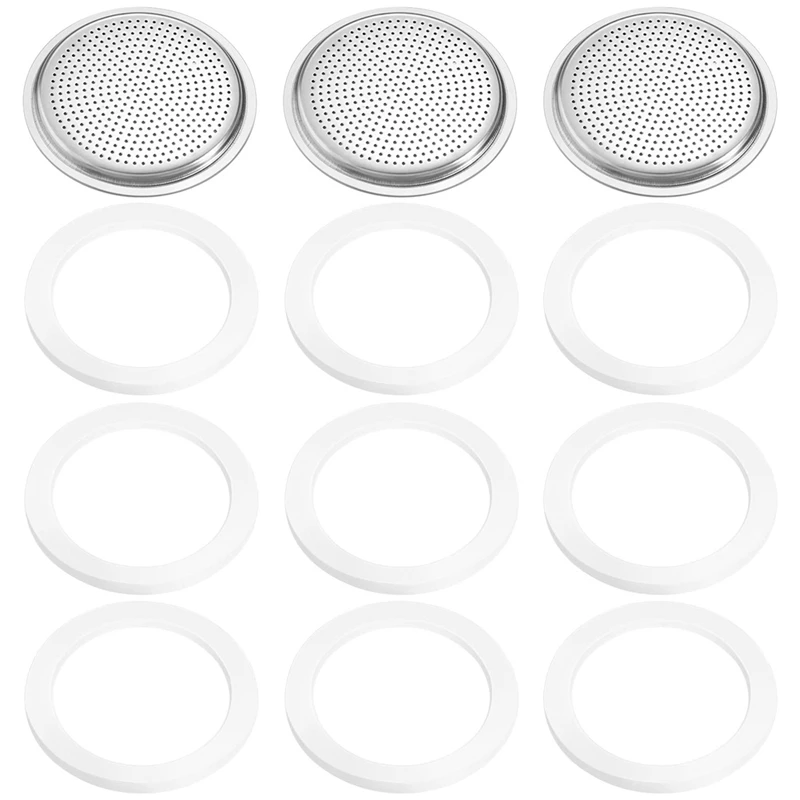 9 Pieces Silicone Gaskets And 3 Piece Stainless Filter Gasket Stainless Steel Gasket Replacement For 6 Cup Moka Express