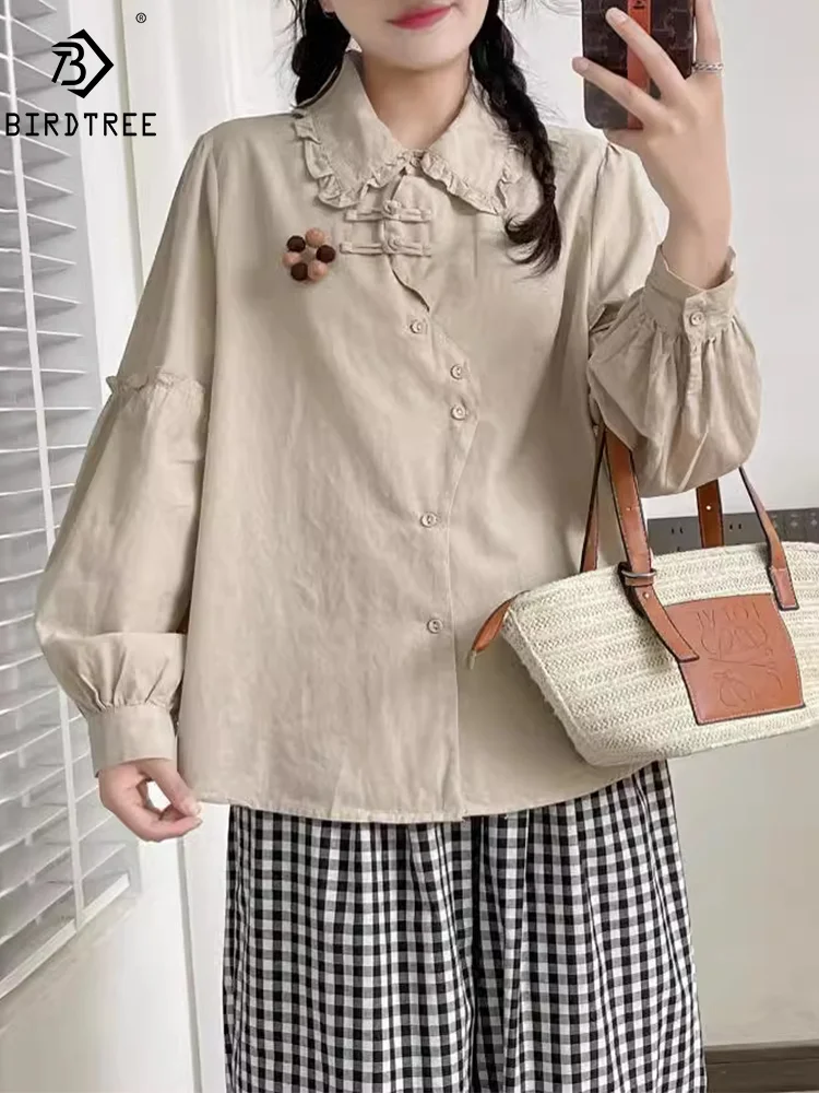 New Spring Cotton Designed Shirt Women Long Sleeve Ruched Literature Top Girl OL Loose Commute Blouses 2024 Autumn T44762QM