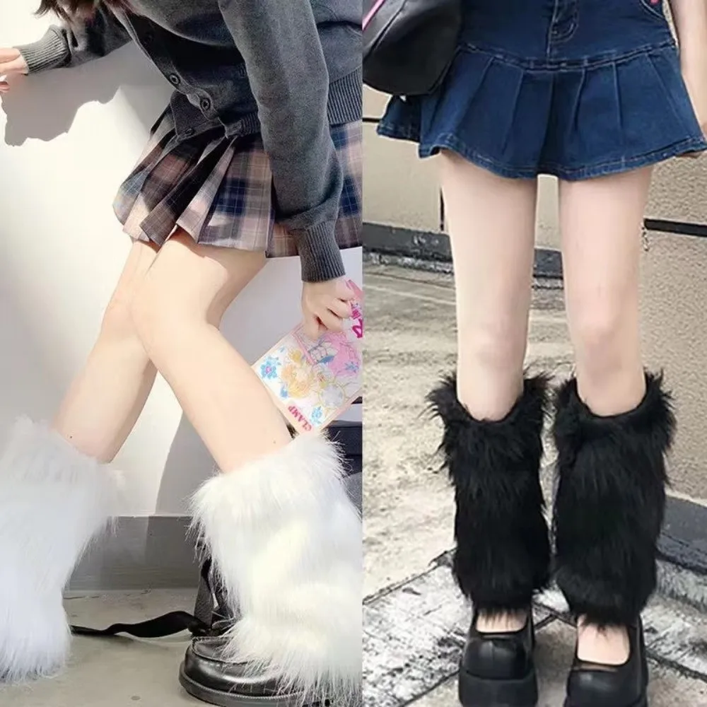 Versatile Winter Faux Fur Leg Warmers Furry Jk Boot Covers Y2K Pull-On Foot Warming Covers for Women Girls