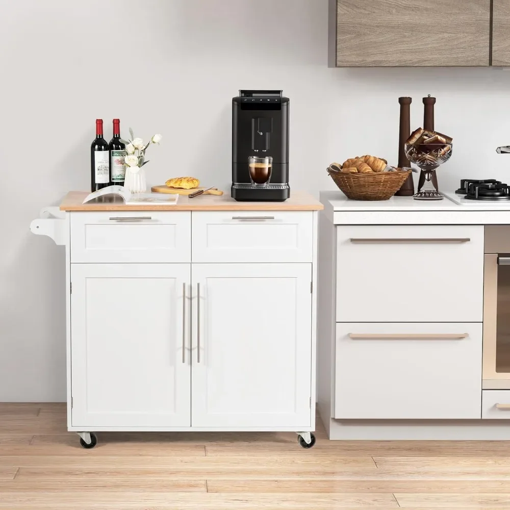 Kitchen Island with Storage, Mobile Kitchen Trolley Cart with Wheels, Rubber Wood Top, Adjustable Shelves, Towel Rack & Drawer