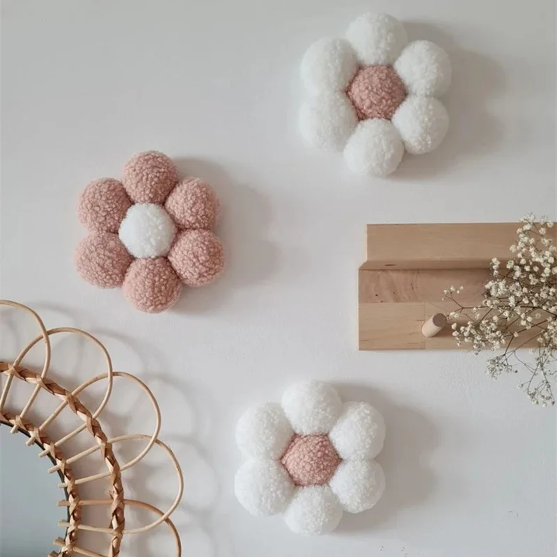 Boho Handmade Macrame Daisy Flower Pompom Pink Wall Decor Nordic Baby Kids Room Nursery Decor Girls Dorm Photo Props